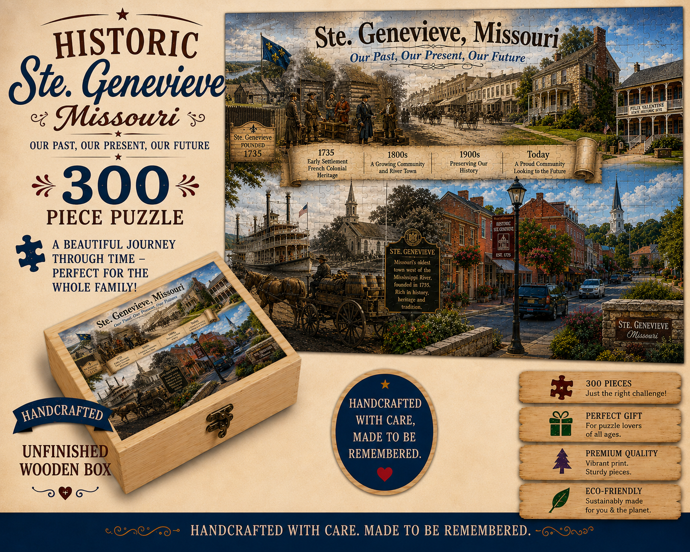 Historic Ste. Genevieve, Missouri – Past to Present | 300 Piece Handcrafted Wooden Jigsaw Puzzle