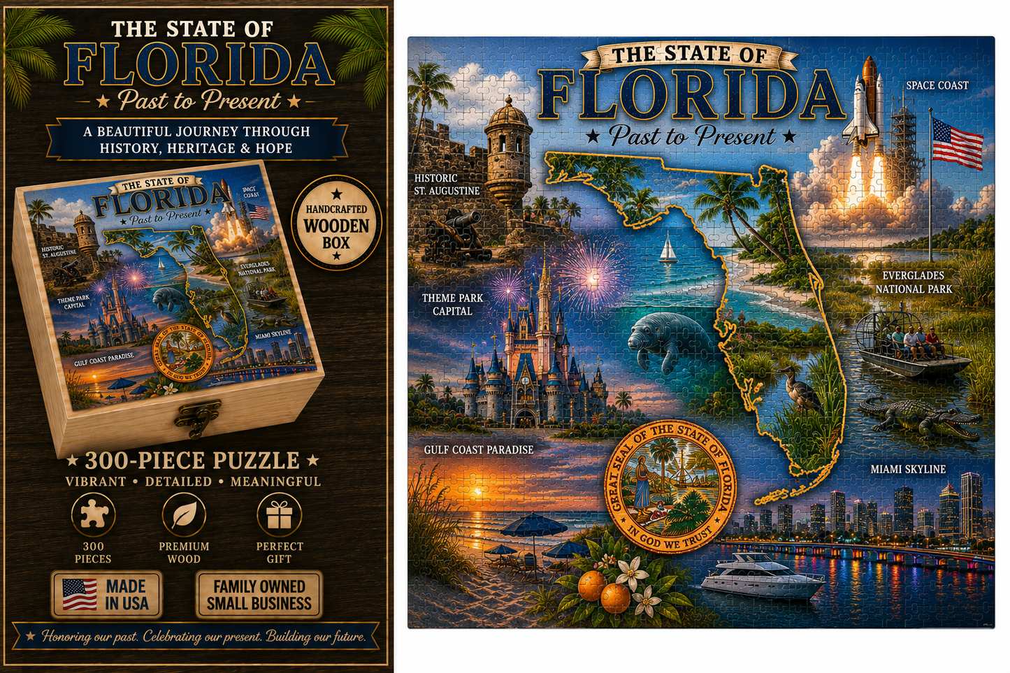 Handcrafted 300-Piece Wooden Jigsaw Puzzle State Collection