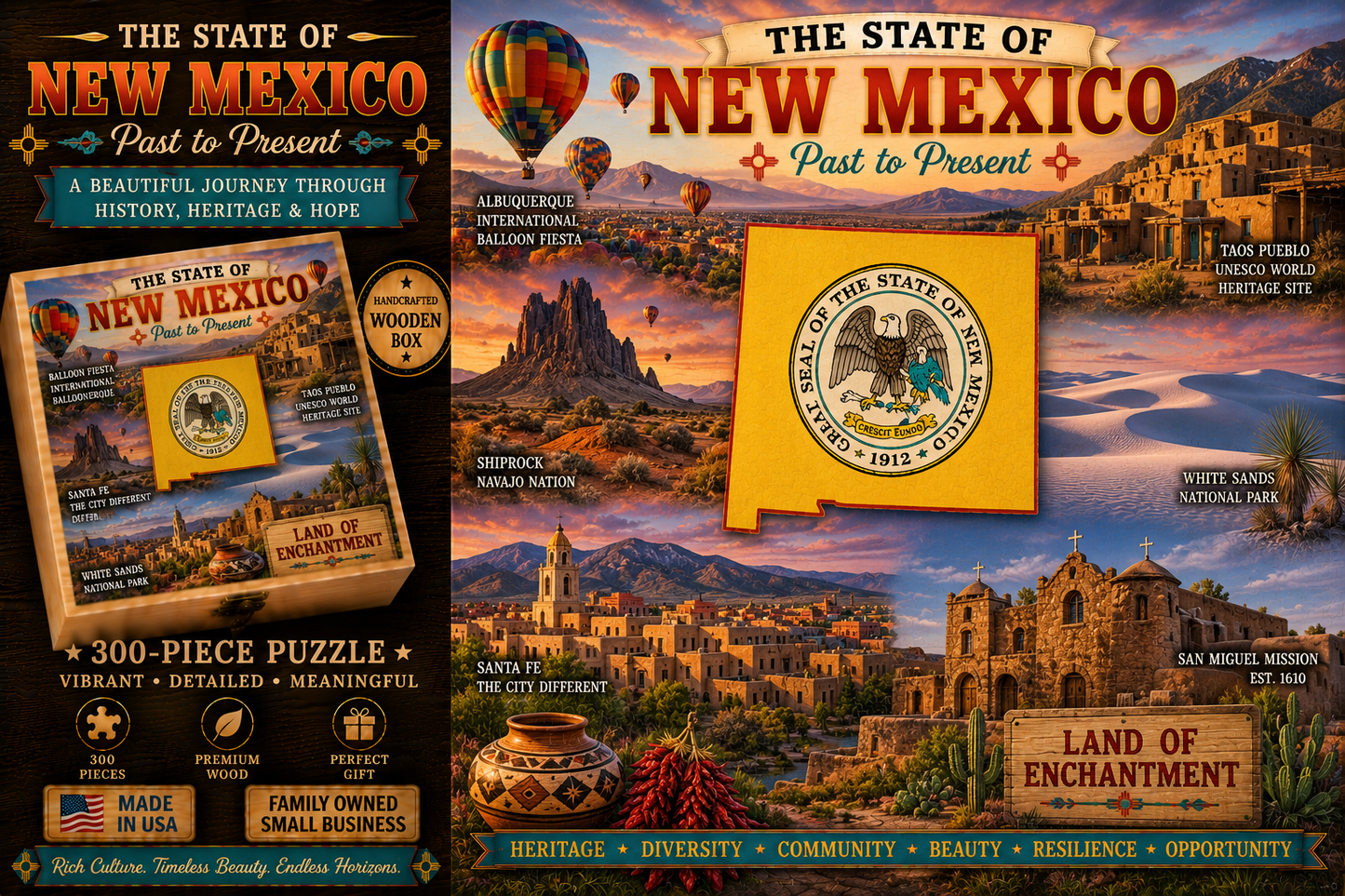 Handcrafted 300-Piece Wooden Jigsaw Puzzle State Collection