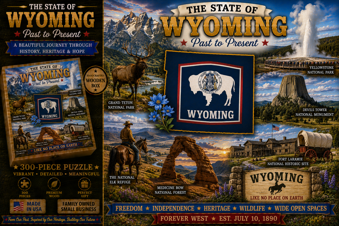 Handcrafted 300-Piece Wooden Jigsaw Puzzle State Collection