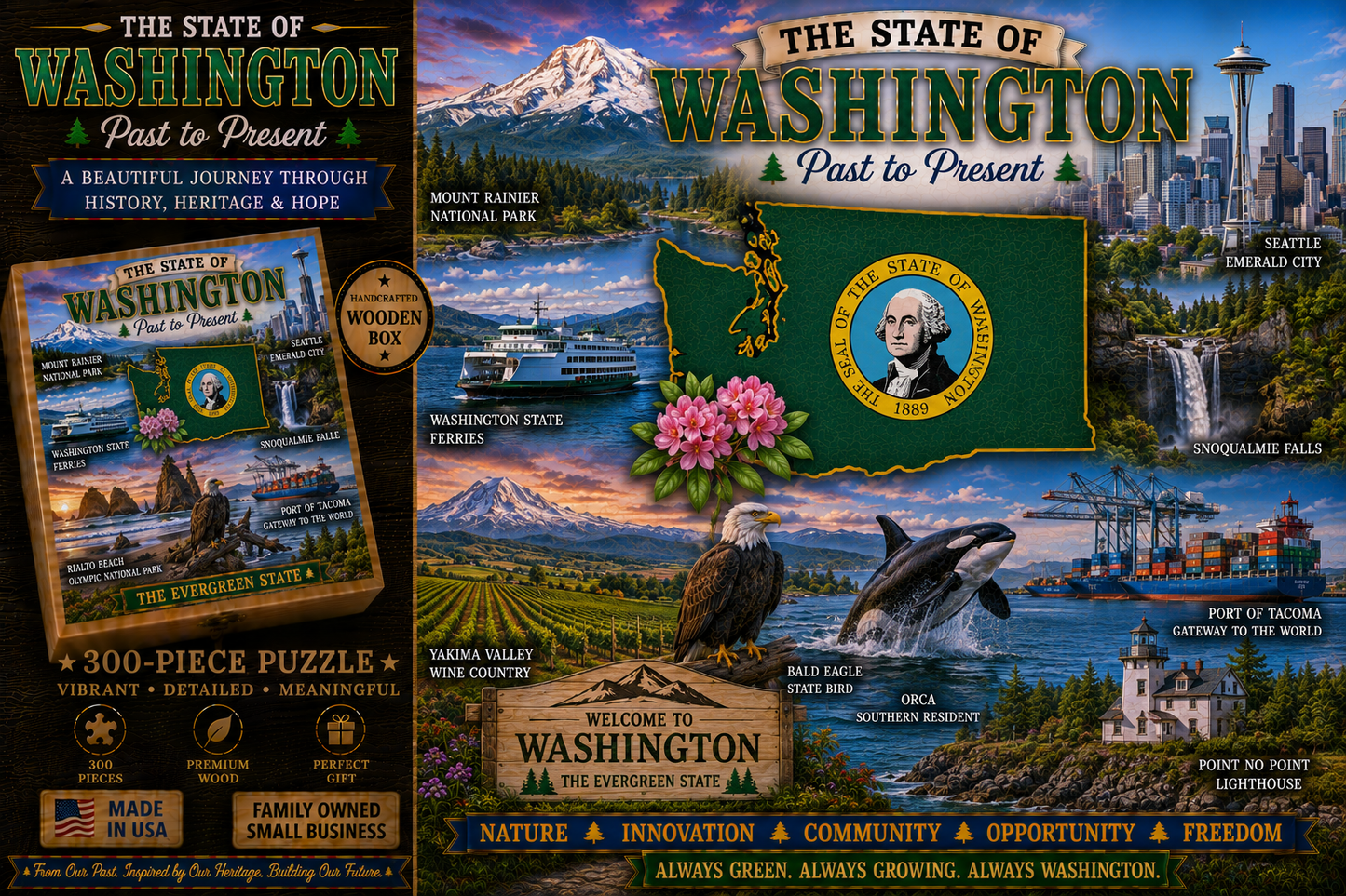 Handcrafted 300-Piece Wooden Jigsaw Puzzle State Collection