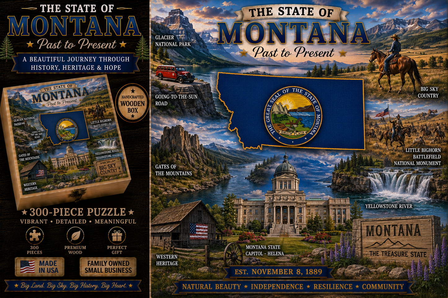 Handcrafted 300-Piece Wooden Jigsaw Puzzle State Collection