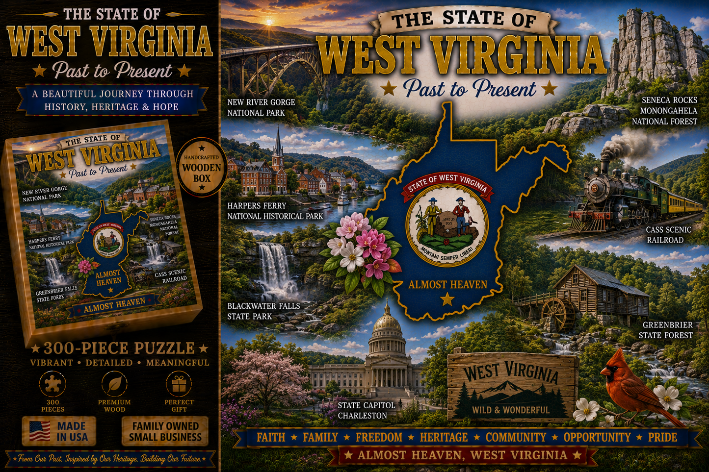 Handcrafted 300-Piece Wooden Jigsaw Puzzle State Collection