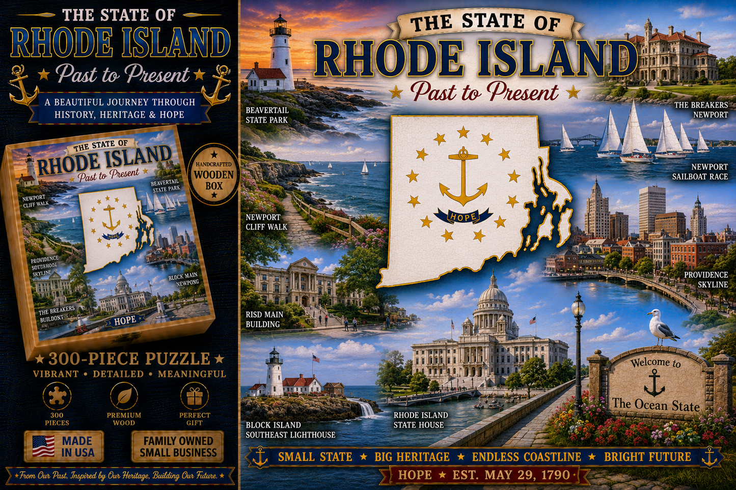 Handcrafted 300-Piece Wooden Jigsaw Puzzle State Collection