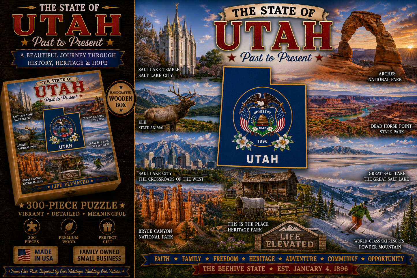 Handcrafted 300-Piece Wooden Jigsaw Puzzle State Collection