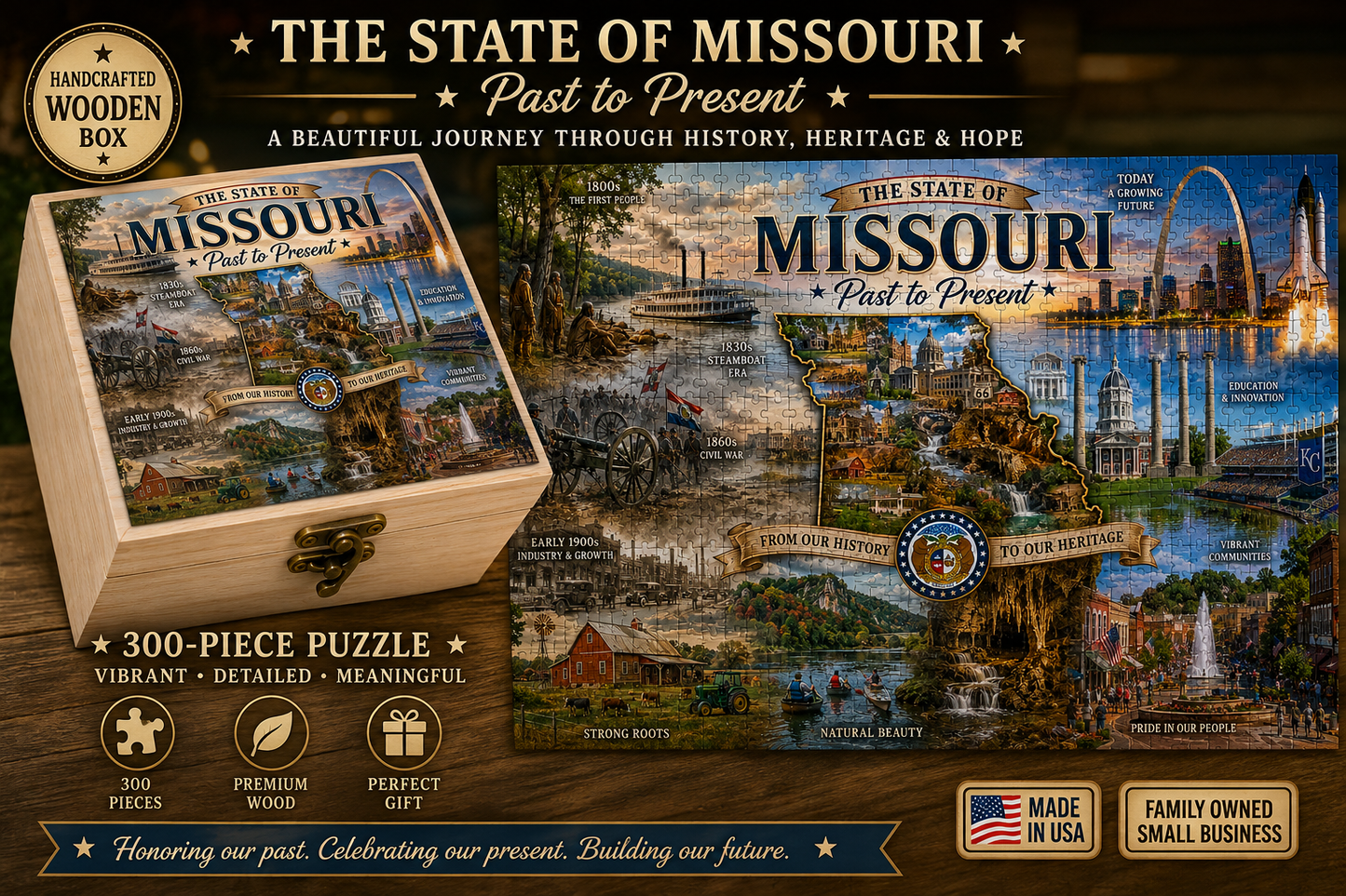 Handcrafted 300-Piece Wooden Jigsaw Puzzle State Collection