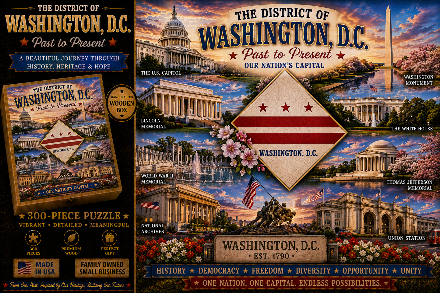 Handcrafted 300-Piece Wooden Jigsaw Puzzle State Collection