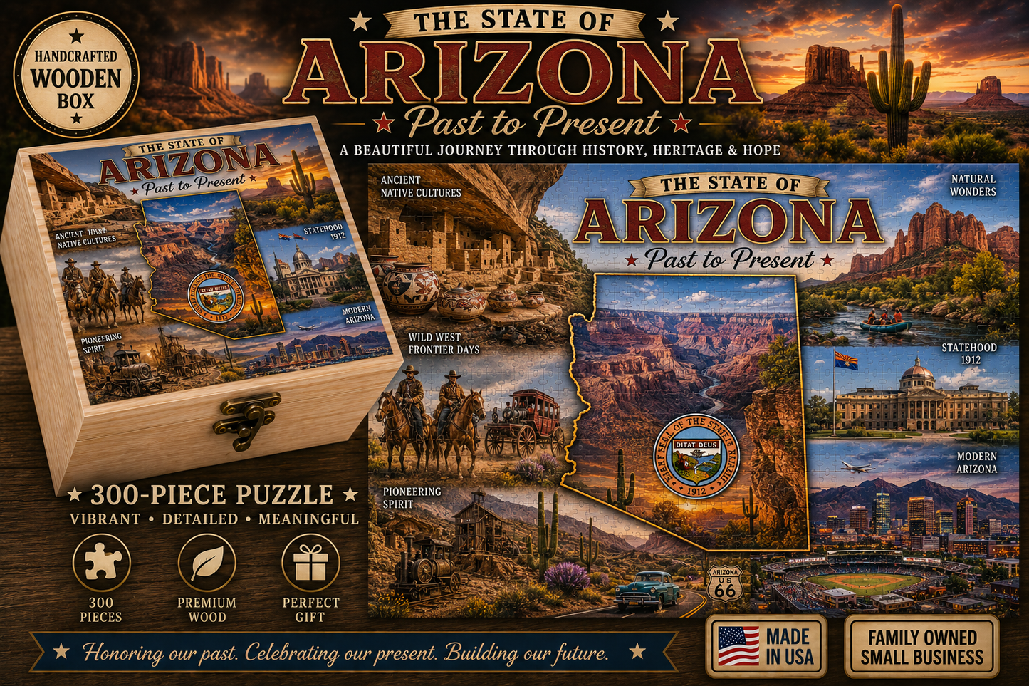 Handcrafted 300-Piece Wooden Jigsaw Puzzle State Collection