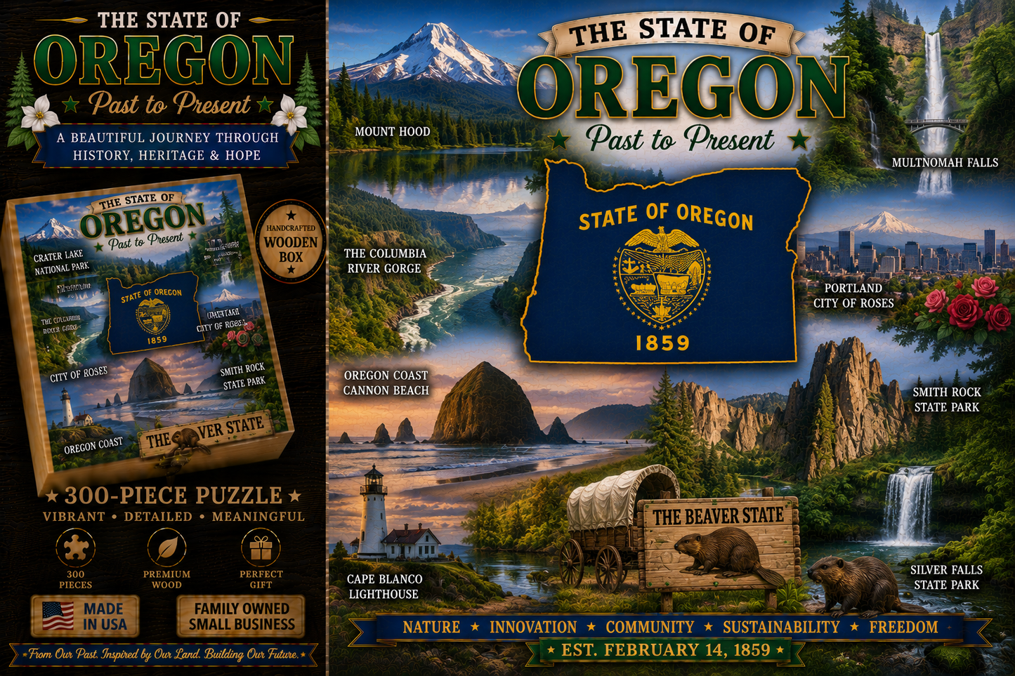 Handcrafted 300-Piece Wooden Jigsaw Puzzle State Collection