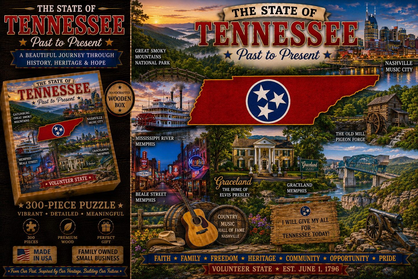 Handcrafted 300-Piece Wooden Jigsaw Puzzle State Collection