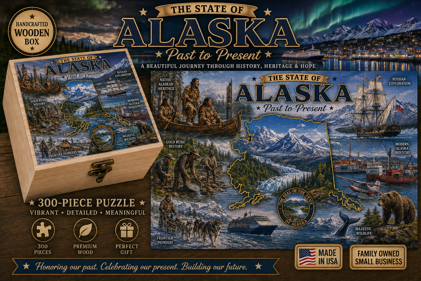 Handcrafted 300-Piece Wooden Jigsaw Puzzle State Collection
