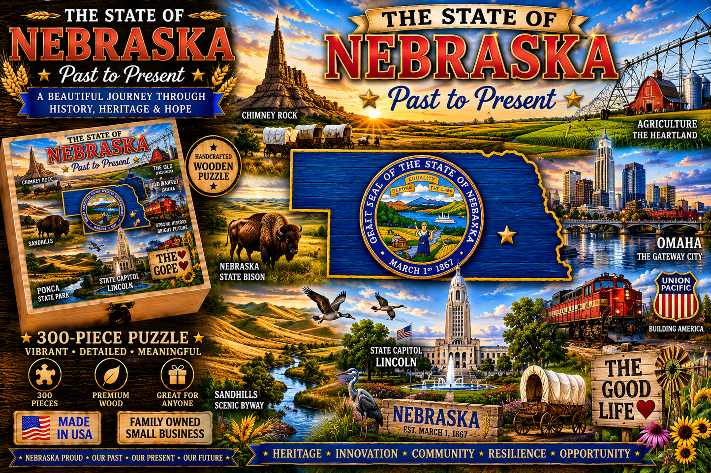 Handcrafted 300-Piece Wooden Jigsaw Puzzle State Collection