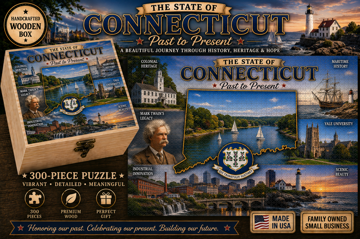 Handcrafted 300-Piece Wooden Jigsaw Puzzle State Collection