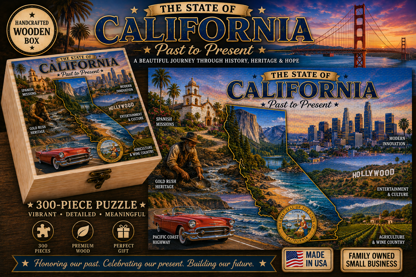Handcrafted 300-Piece Wooden Jigsaw Puzzle State Collection