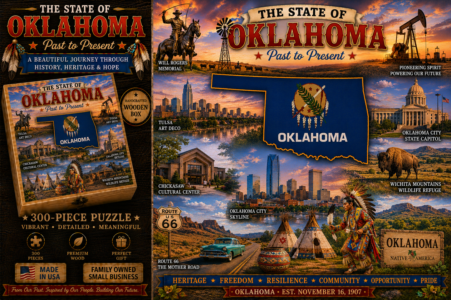 Handcrafted 300-Piece Wooden Jigsaw Puzzle State Collection
