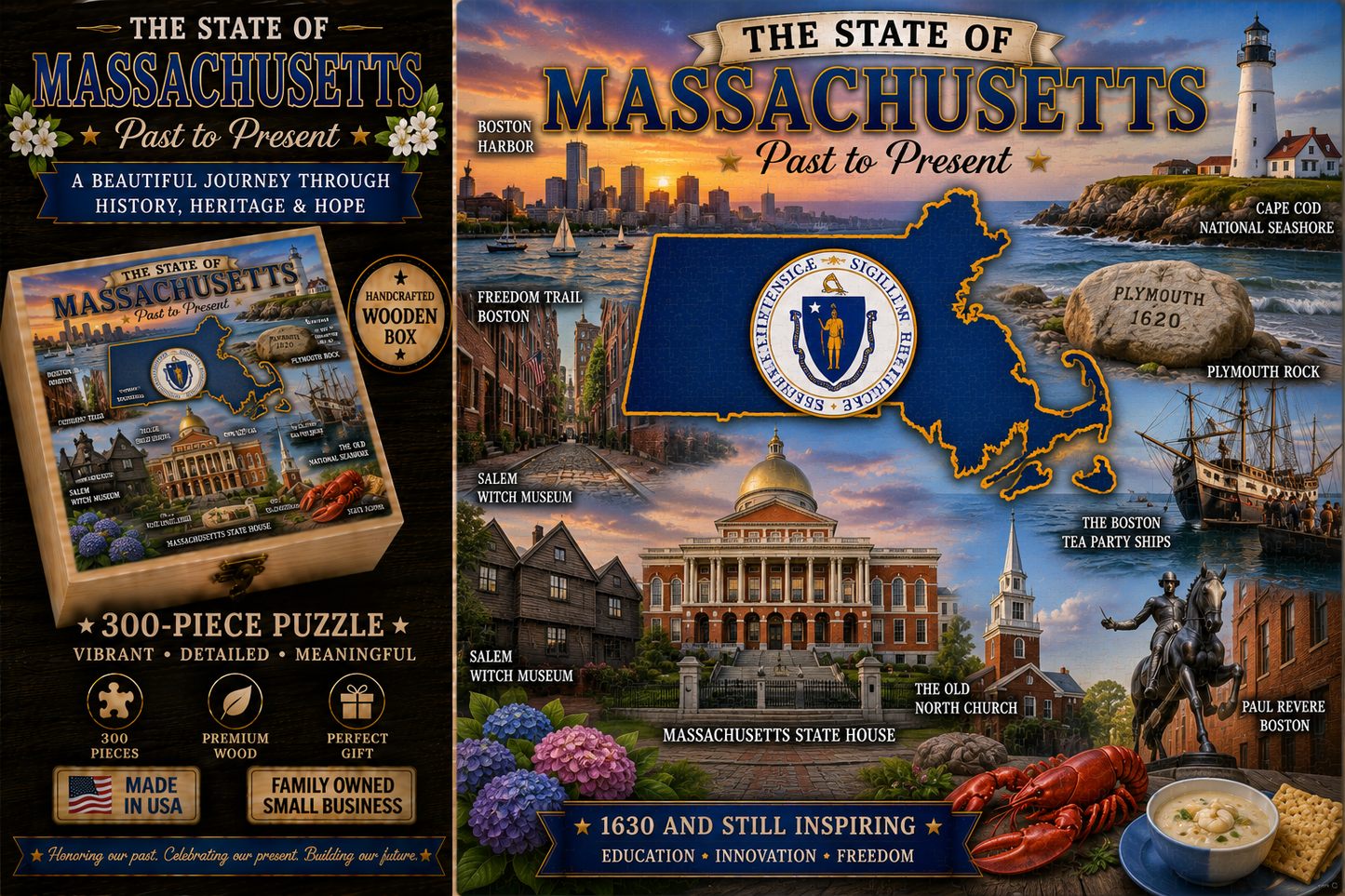 Handcrafted 300-Piece Wooden Jigsaw Puzzle State Collection