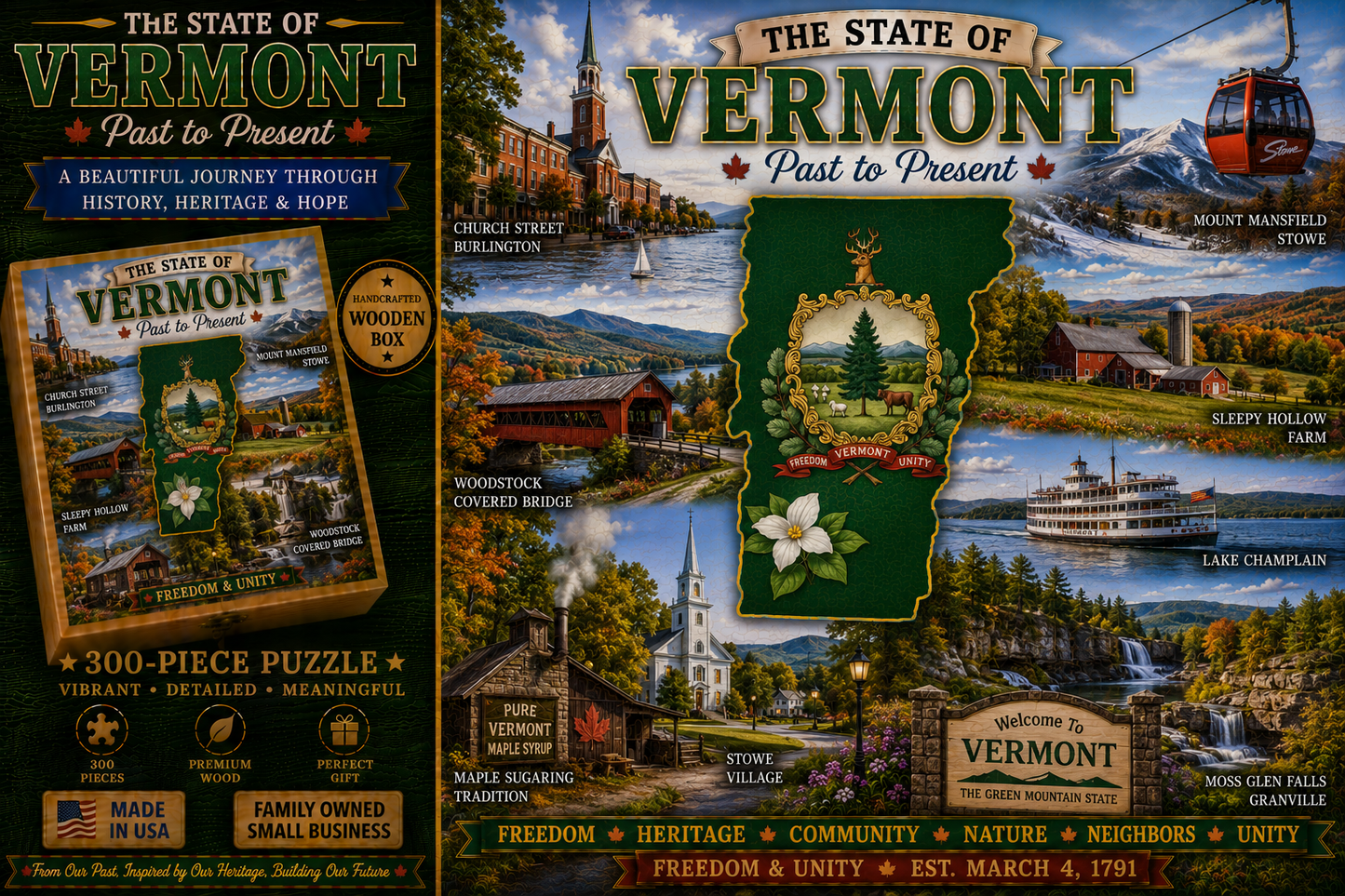 300 Piece Handcrafted Jigsaw Puzzle | State History & Landmarks Gift