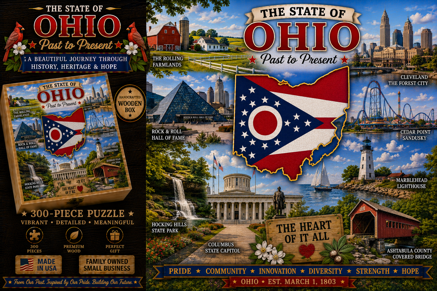 300 Piece Handcrafted Jigsaw Puzzle | State History & Landmarks Gift