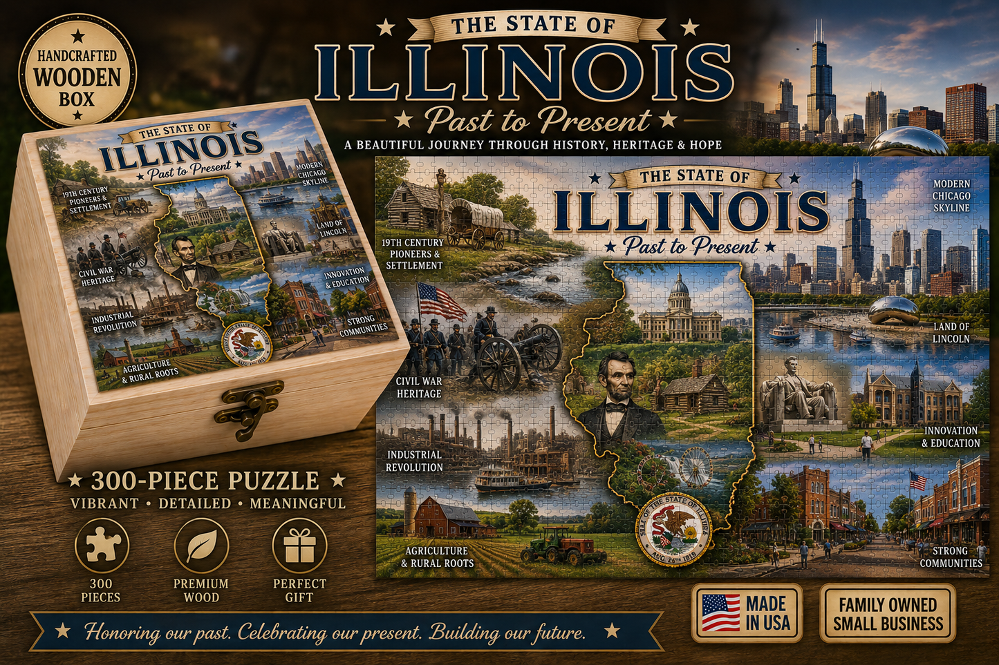 300 Piece Handcrafted Jigsaw Puzzle | State History & Landmarks Gift