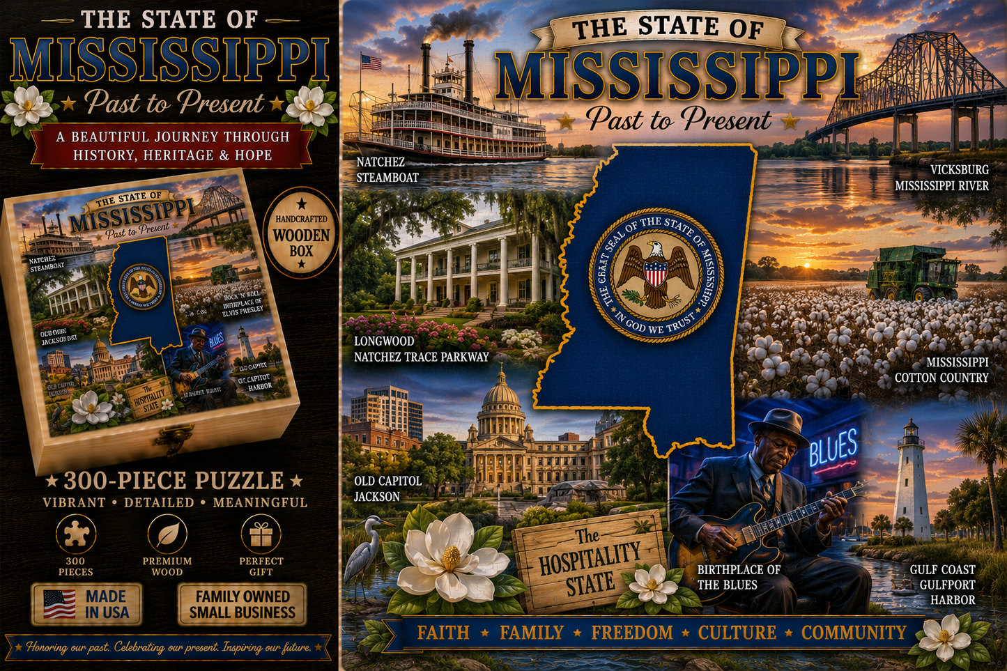 300 Piece Handcrafted Jigsaw Puzzle | State History & Landmarks Gift