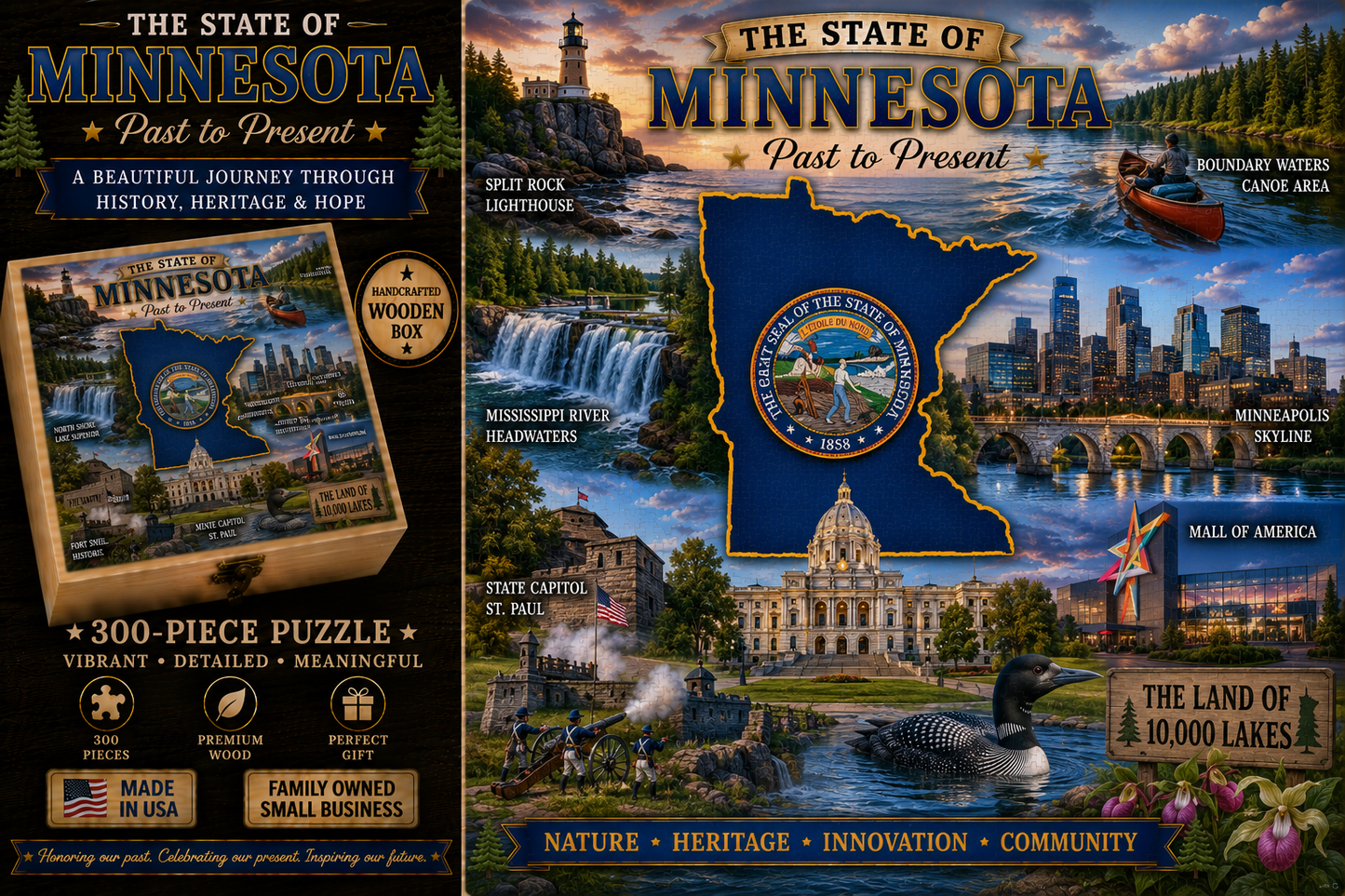 300 Piece Handcrafted Jigsaw Puzzle | State History & Landmarks Gift
