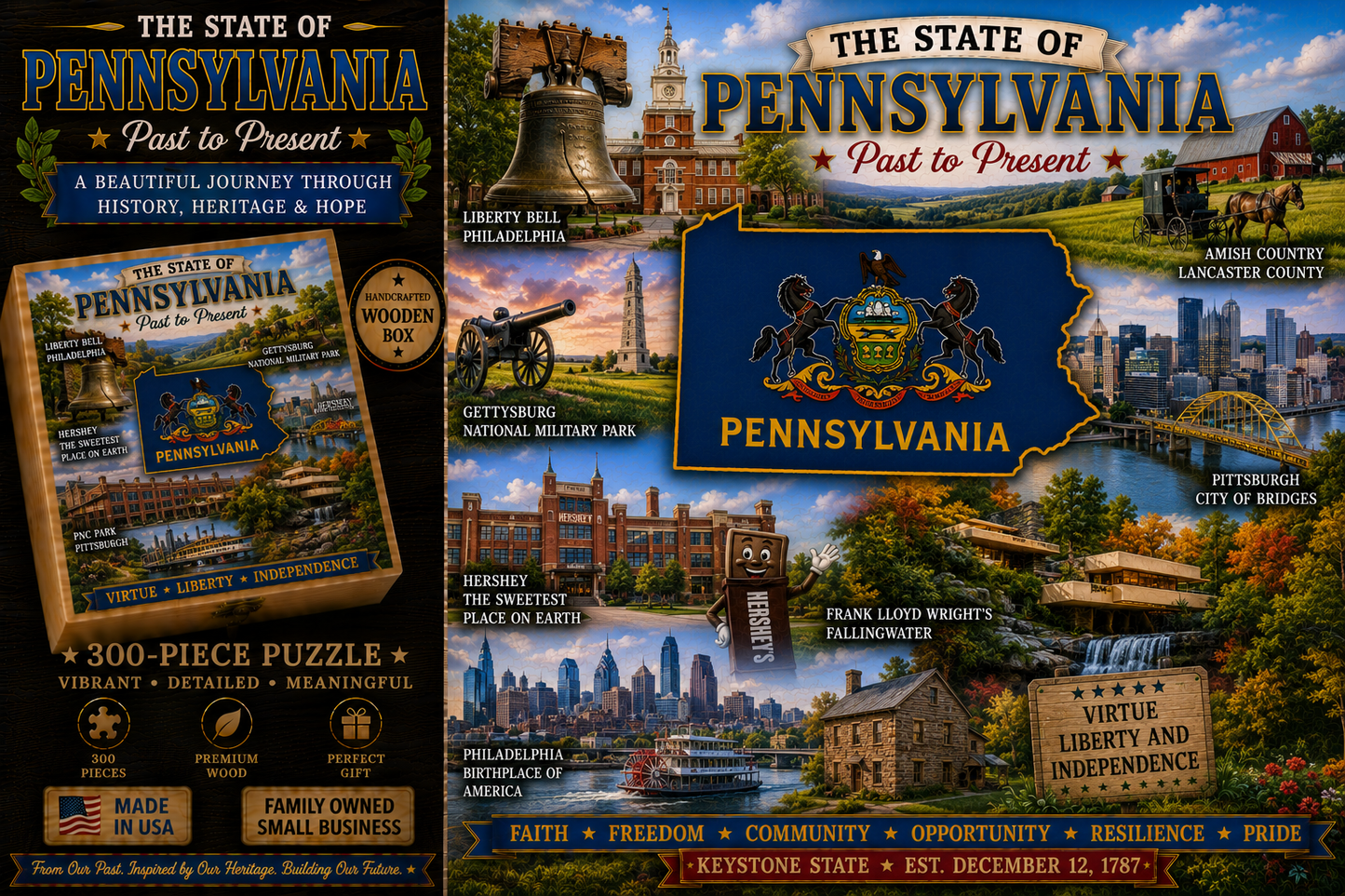 300 Piece Handcrafted Jigsaw Puzzle | State History & Landmarks Gift